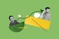 Billboard collage of two friends guys saying chatterbox communication partners talking each other isolated on green