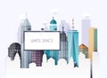 Billboard with copy space text standing high over large city street skyscrapers buildings. Flat design modern vector illustration Royalty Free Stock Photo