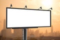 Billboard with empty space in blank with buildings in city during sunrise