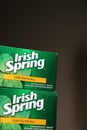 Two boxes displayed of Green Irish spring soap in a green package