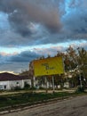 Billboard in liberated from Russian occupation Kupiansk town with inscription in Ukrainian: