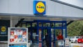 Lidl shop signboard with brand logo sign. German international discount supermarket retail chain. Grocery store Royalty Free Stock Photo