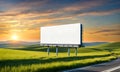 Billboard standing tall beside a bustling highway under a moody sunset sky