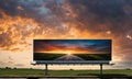 Billboard standing tall beside a bustling highway under a moody sunset sky