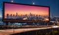 Billboard standing tall beside a bustling highway under a night sky Royalty Free Stock Photo