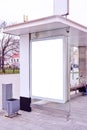 Billboard, vertical advertising city format in Moscow on public bus stop, mockup of a blank white poster