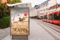 Billboards with advertising of conceptual travel. At city street