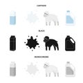 Billet pack, sheep.blue, canister.Moloko set collection icons in cartoon,black,monochrome style vector symbol stock