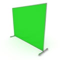 Billet press wall with green screen banner.