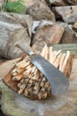 Billhook Knife on a Pile of Firewood Royalty Free Stock Photo