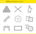 Billiard accessories linear icons set