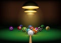 Billiard background with realistic cue hit gaming balls. Billiard room with green table and lights. Snooker or pool Royalty Free Stock Photo