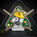Billiard ball with crown and pyramyd gren table with crossed cues. Sport logo for any team