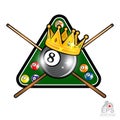 Billiard ball with crown and pyramyd gren table with crossed cues on whit. Sport logo for any team Royalty Free Stock Photo