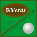 Billiard ball and cue on the playing table