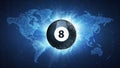 Billiard Ball flying on world map background.