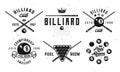 Billiard, 8-ball logo set. 6 billiard emblems with cue, balls, crown and banner icons.