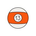 Billiard ball. Sport equipment sketch. Number 13. Hand drawn doodle icon. Vector freehand fitness illustration