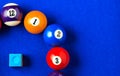 Billiard balls in a blue pool table. Royalty Free Stock Photo