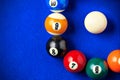 Billiard balls in a blue pool table. Royalty Free Stock Photo