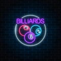 Billiard balls in circle frame in neon style. Glowing neon signboard of pub with billiards. Symbol of taproom with pool