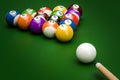 Billiard balls with cue, 3D rendering Royalty Free Stock Photo