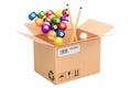 Billiard balls with cue inside parcel. 3D rendering Royalty Free Stock Photo