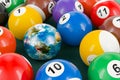 Billiard balls with Earth Globe as billiard ball, 3D rendering