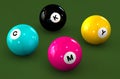 Billiard balls on a green background with letters CMYK. Royalty Free Stock Photo