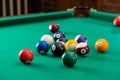 Billiard balls on green table with billiard cue, Snooker, Pool g Royalty Free Stock Photo