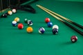 Billiard balls on green table with billiard cue, Snooker, Pool g Royalty Free Stock Photo