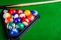 Billiard balls on green table with billiard cue, Snooker, Pool. Royalty Free Stock Photo