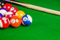 Billiard balls on green table with billiard cue, Snooker, Pool.