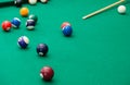 Billiard balls on green table with billiard cue, Snooker, Pool g Royalty Free Stock Photo