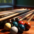 Billiard balls on green billiard table with shallow depth of field