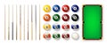 Billiard balls with numbers, various cues and green pool table. Glossy snooker ball. Sports equipment, recreation and Royalty Free Stock Photo