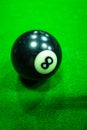 Billiard balls on table. Balls on green billiard table. Number 8.