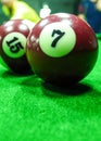 Billiard balls on table. Balls on green billiard table. Number 7 and 15.