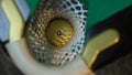Billiard balls on a billiard table with green cloth roll in different directions from a strong blow with a cue. Rissian