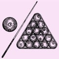 Billiard balls in triangle, billiard ball and cue