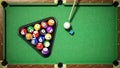 Billiard balls, triangle, chalk and cue on pool table. 3D illustration Royalty Free Stock Photo