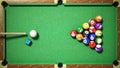 Billiard balls, triangle, chalk and cue on pool table. 3D illustration Royalty Free Stock Photo
