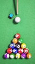 Billiard balls, triangle, chalk and cue on pool table. 3D illustration Royalty Free Stock Photo