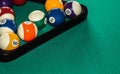 Billiard balls in a triangular rack in the corner of the table with space for text. Royalty Free Stock Photo