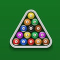 Billiard balls in wooden triangle rack on green cloth surface realistic illustration.