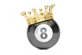 Billiard black eight ball with golden crown, 3D rendering