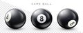 Billiard, black pool ball with number 8 Snooker or lottery ball on transparent background Vector illustration