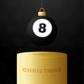 Billiard Christmas bauble pedestal. Merry Christmas sport greeting card. Hang on a thread billiard ball as a xmas ball on golden