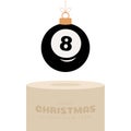 Billiard Christmas bauble pedestal. Merry Christmas sport greeting card. Hang on a thread billiard ball as a xmas ball on golden Royalty Free Stock Photo