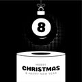 Billiard Christmas bauble pedestal. Merry Christmas sport greeting card. Hang on a thread billiard ball as a xmas ball on white